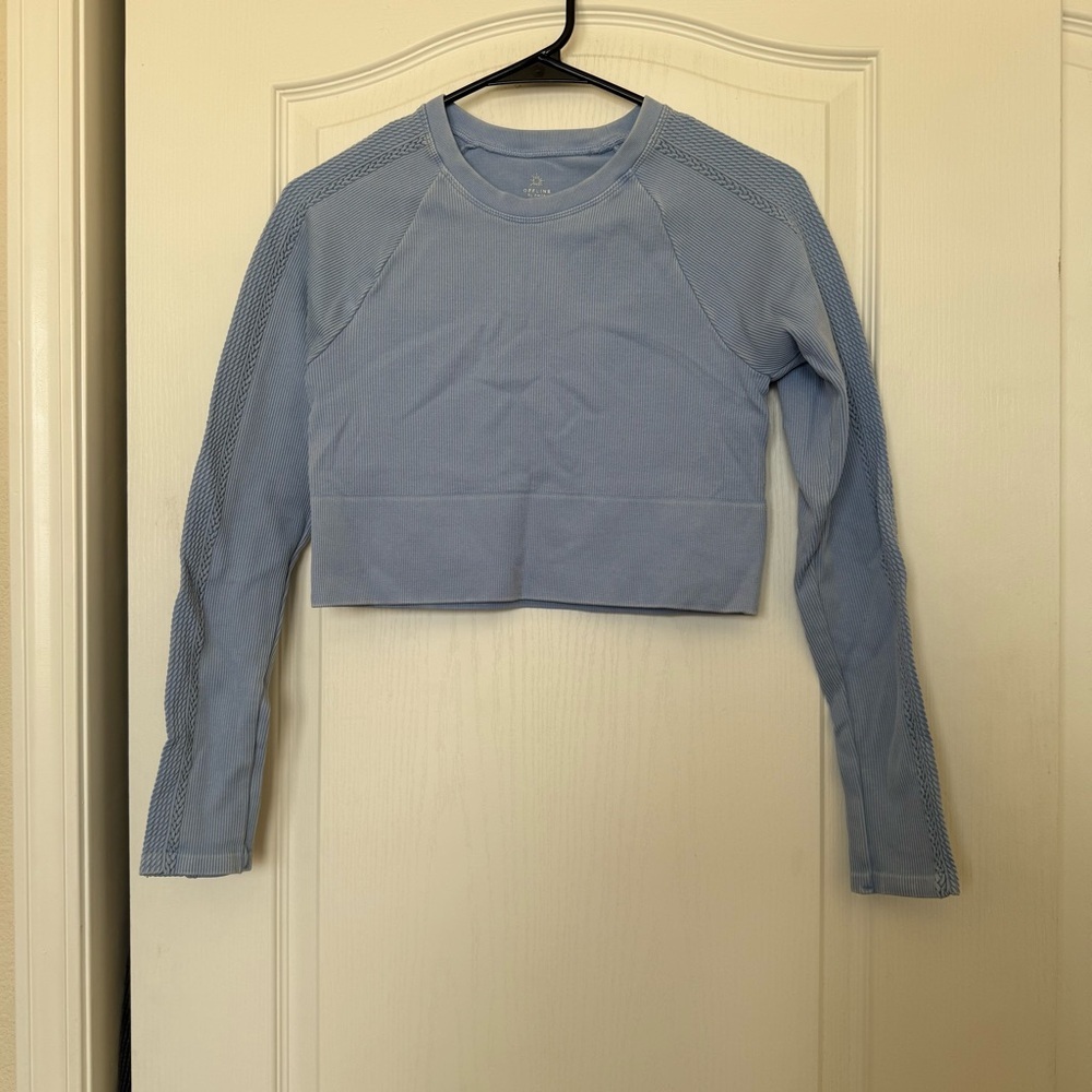 Aerie Offline Blue Cropped Workout Long Sleeve Shirt Thick Gym Cableknit Ribbed‎